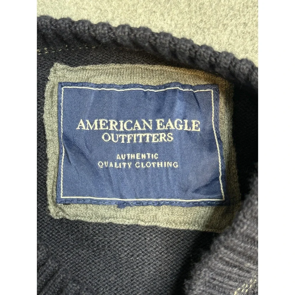 American Eagle Sweater Mens M Navy Blue Crewneck Raglan Contrast Stitch Logo